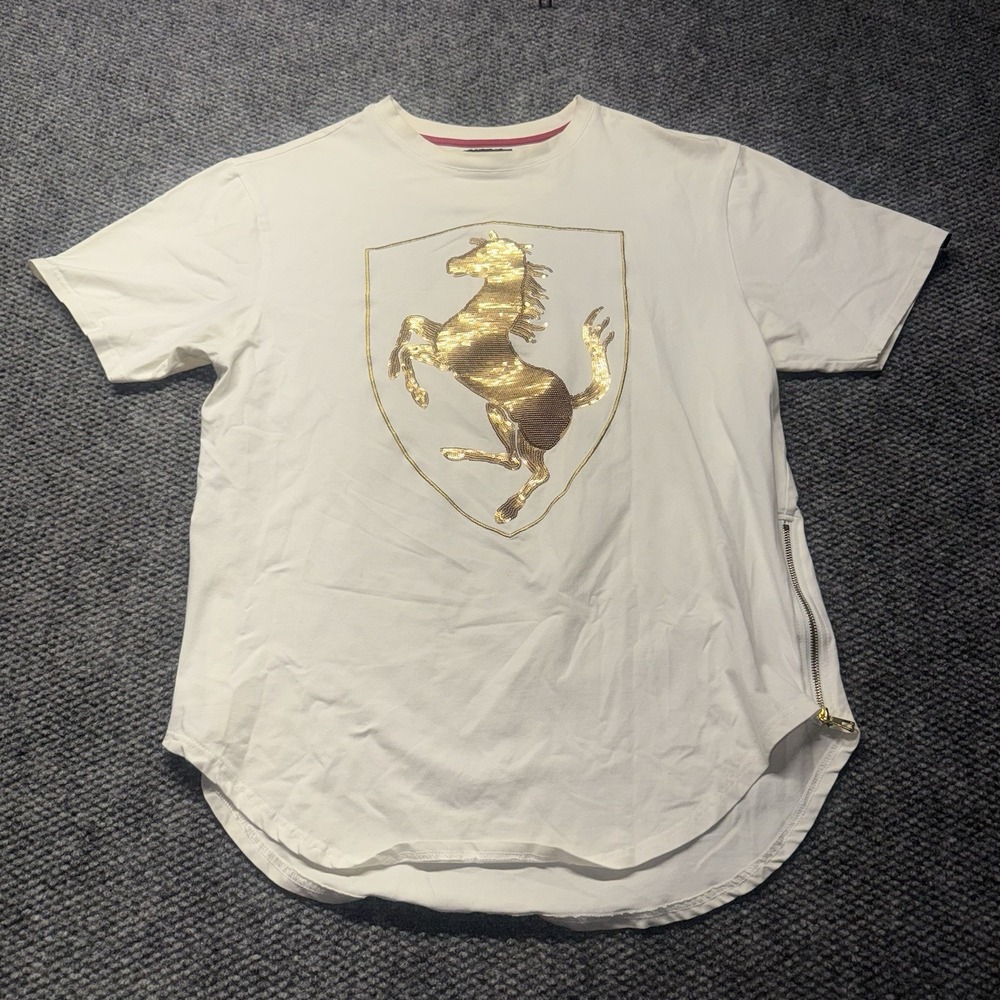 MAKOBI FERRARI SEQUINS TEE White Gold Zipper Streetwear Embellished T Shirt XL
